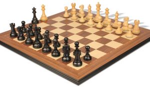 British Staunton Chess Set Ebonized & Boxwood Pieces with Walnut & Maple Molded Edge Board - 4 King