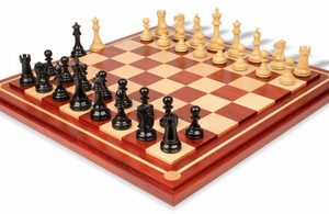 British Staunton Chess Set Ebony & Boxwood Pieces with Mission Craft Padauk Chess Board - 4 King