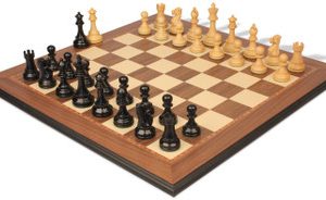 British Staunton Chess Set Ebony & Boxwood Pieces with Walnut & Maple Molded Edge Board - 4 King