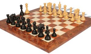 Bucephalus Staunton Chess Set in Ebony & Boxwood with Elm Burl & Erable Board - 4.5 King