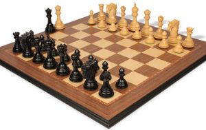 Bucephalus Staunton Chess Set in Ebony & Boxwood with Walnut & Maple Moulded Edge Chess Board