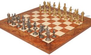 Camelot Theme Metal Chess Set with Elm Burl Chess Board