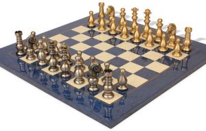 Classic French Staunton Brass Chess Set with Blue Ash Burl Chess Board