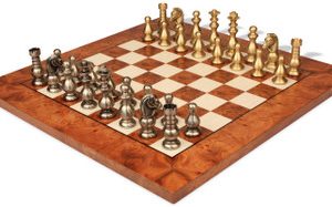 Classic French Staunton Brass Chess Set with Elm Burl Chess Board