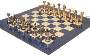 Classic Persian Staunton Solid Brass Chess Set with Blue Ash Burl & Erable High Gloss Chess Board