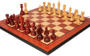 Colombian Knight Staunton Chess Set Padauk & Boxwood Pieces with Padauk & Bird's Eye Maple Molded Edge Board - 4.6 King