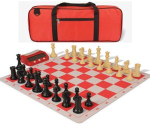 Conqueror Deluxe Carry-All Plastic Chess Set Black & Camel Pieces with Clock & Lightweight Floppy Board - Red