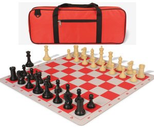 Conqueror Deluxe Carry-All Plastic Chess Set Black & Camel Pieces with Lightweight Floppy Board - Red