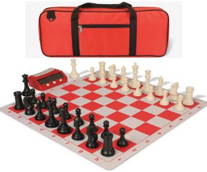 Conqueror Deluxe Carry-All Plastic Chess Set Black & Ivory Pieces with Clock & Lightweight Floppy Board - Red