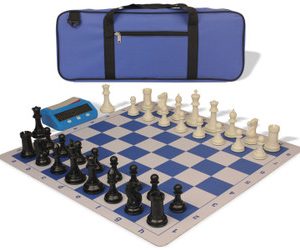Conqueror Deluxe Carry-All Plastic Chess Set Black & Ivory Pieces with Clock & Lightweight Floppy Board - Royal Blue