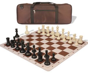 Conqueror Deluxe Carry-All Plastic Chess Set Black & Ivory Pieces with Lightweight Floppy Board - Brown