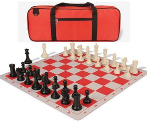 Conqueror Deluxe Carry-All Plastic Chess Set Black & Ivory Pieces with Lightweight Floppy Board - Red