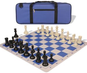 Conqueror Deluxe Carry-All Plastic Chess Set Black & Ivory Pieces with Lightweight Floppy Board - Royal Blue