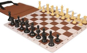 Conqueror Easy-Carry Plastic Chess Set Black & Camel Pieces with Lightweight Floppy Board - Brown