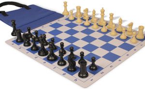 Conqueror Easy-Carry Plastic Chess Set Black & Camel Pieces with Lightweight Floppy Board - Royal Blue