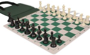 Conqueror Easy-Carry Plastic Chess Set Black & Ivory Pieces with Lightweight Floppy Board - Green