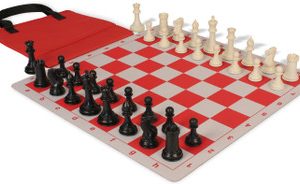 Conqueror Easy-Carry Plastic Chess Set Black & Ivory Pieces with Lightweight Floppy Board - Red