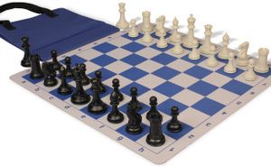 Conqueror Easy-Carry Plastic Chess Set Black & Ivory Pieces with Lightweight Floppy Board - Royal Blue