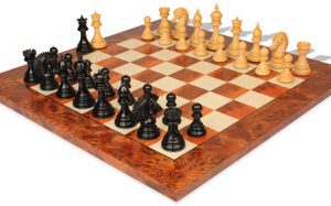 Cyrus Staunton Chess Set Ebony & Boxwood with Elm Burl & Erable Board - 4.4King