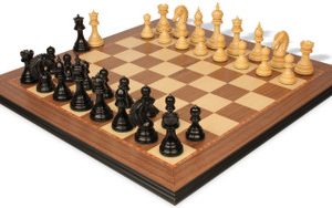 Cyrus Staunton Chess Set Ebony & Boxwood with Walnut & Maple Molded Edge Board - 4.4 King