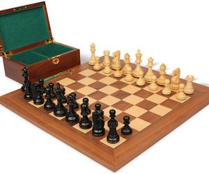 Deluxe Old Club Staunton Chess Set Ebonized & Boxwood Pieces with Walnut & Maple Deluxe Board & Box - 3.75 King