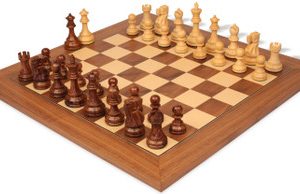 Deluxe Old Club Staunton Chess Set Golden Rosewood & Boxwood Pieces with Walnut & Maple Deluxe Chess Board - 3.75 King