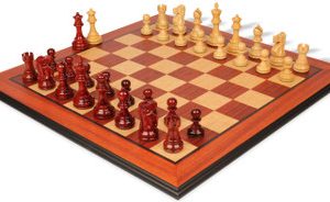 Deluxe Old Club Staunton Chess Set Padauk & Boxwood Pieces with Padauk & Bird's Eye Maple Molded Edge Board - 3.75 King