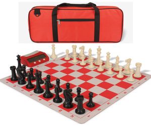 Executive Deluxe Carry-All Plastic Chess Set Black & Ivory Pieces with Clock & Lightweight Floppy Board & Bag - Red