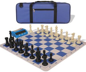 Executive Deluxe Carry-All Plastic Chess Set Black & Ivory Pieces with Clock & Lightweight Floppy Board & Bag - Royal Blue