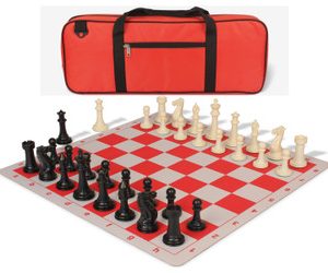 Executive Deluxe Carry-All Plastic Chess Set Black & Ivory Pieces with Lightweight Floppy Board & Bag - Red