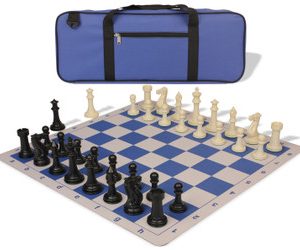 Executive Deluxe Carry-All Plastic Chess Set Black & Ivory Pieces with Lightweight Floppy Board & Bag - Royal Blue