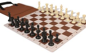 Executive Easy-Cary Plastic Chess Set Black & Ivory Pieces with Lightweight Floppy Board & Bag - Brown