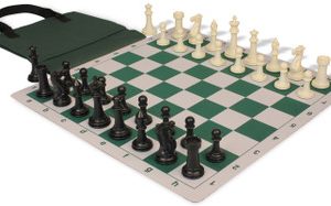 Executive Easy-Cary Plastic Chess Set Black & Ivory Pieces with Lightweight Floppy Board & Bag - Green