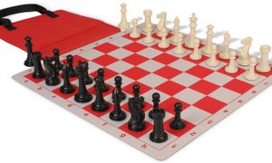 Executive Easy-Cary Plastic Chess Set Black & Ivory Pieces with Lightweight Floppy Board & Bag - Red