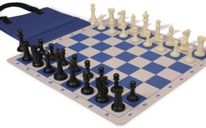 Executive Easy-Cary Plastic Chess Set Black & Ivory Pieces with Lightweight Floppy Board & Bag - Royal Blue