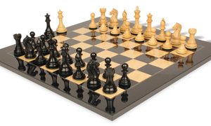 Fierce Knight Staunton Chess Set Ebonized & Boxwood Pieces with Black & Ash Burl Board - 4 King