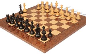 Fierce Knight Staunton Chess Set Ebonized & Boxwood Pieces with Brown Ash Burl Chess Board - 3.5 King