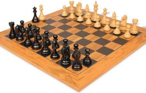 Fierce Knight Staunton Chess Set Ebony & Boxwood Pieces with Deluxe Olive & Black Board - 3 King