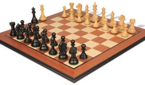 Fierce Knight Staunton Chess Set Ebony & Boxwood Pieces with Mahogany Molded Edge Chess Board - 3 King