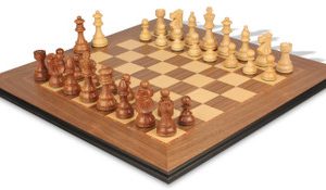 French Lardy Staunton Chess Set Acacia & Boxwood Pieces with Walnut & Maple Molded Edge Board - 3.75 King