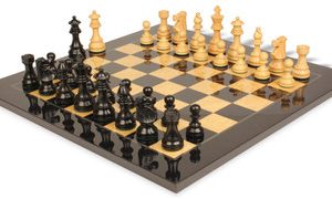 French Lardy Staunton Chess Set Ebonized & Boxwood Pieces with Black & Ash Burl Board - 3.75 King