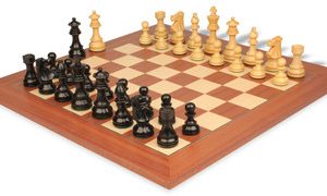 French Lardy Staunton Chess Set in Ebonized Boxwood & Boxwood with Mahogany & Maple Deluxe Chess Board - 3.75 King