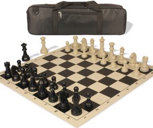 German Knight Carry-All Plastic Chess Set Black & Aged Ivory Pieces with Vinyl Rollup Board - Black