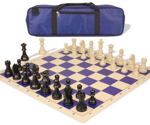 German Knight Carry-All Plastic Chess Set Black & Aged Ivory Pieces with Vinyl Rollup Board - Blue