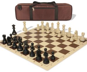 German Knight Carry-All Plastic Chess Set Black & Aged Ivory Pieces with Vinyl Rollup Board - Brown