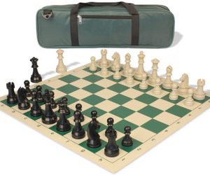 German Knight Carry-All Plastic Chess Set Black & Aged Ivory Pieces with Vinyl Rollup Board - Green