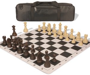 German Knight Carry-All Plastic Chess Set Brown & Natural Wood Grain Pieces with Lightweight Floppy Board - Black