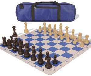 German Knight Carry-All Plastic Chess Set Brown & Natural Wood Grain Pieces with Lightweight Floppy Board - Royal Blue