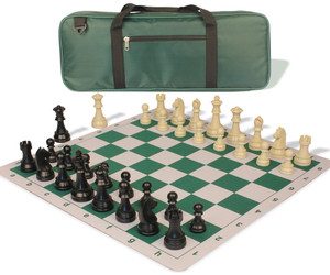 German Knight Deluxe Carry-All Plastic Chess Set Black & Aged Ivory Pieces with Lightweight Floppy Board - Green
