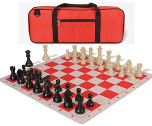 German Knight Deluxe Carry-All Plastic Chess Set Black & Aged Ivory Pieces with Lightweight Floppy Board - Red